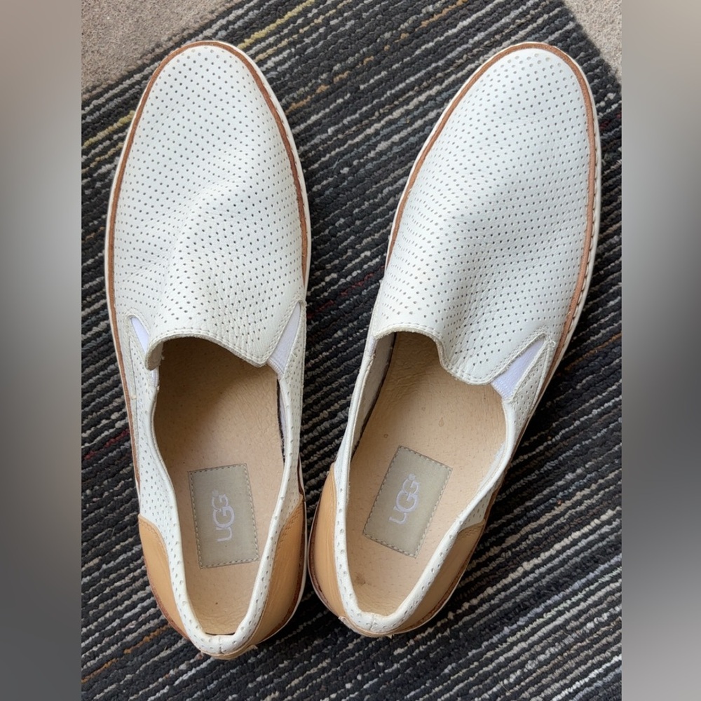 UGG White and Tan Perforated Slip-On Shoes